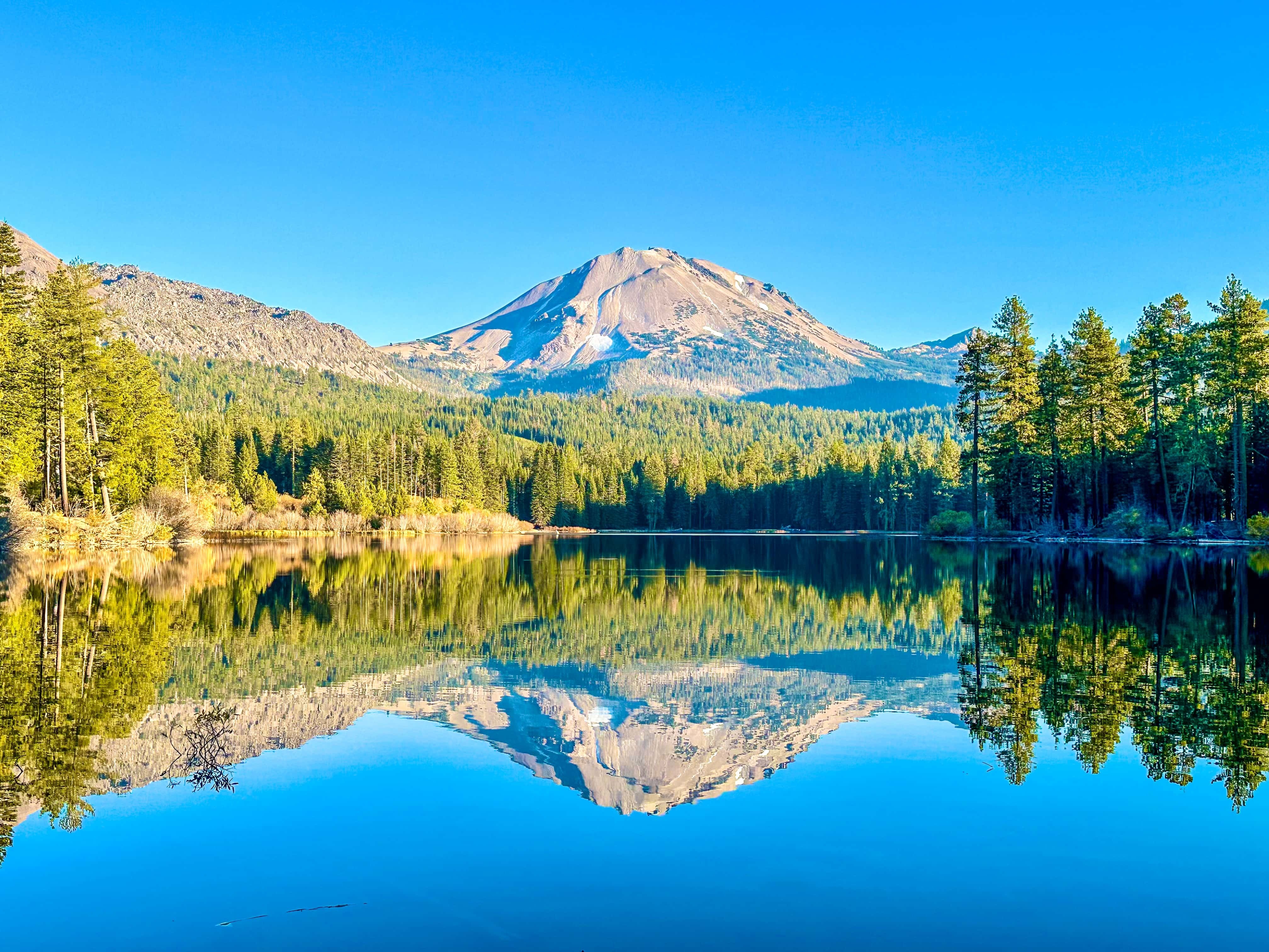 Een rustig meer in Californië dat de omringende dennenbossen weerspiegelt en de opvallende vulkanische piek die in de verte oprijst onder een helderblauwe hemel.