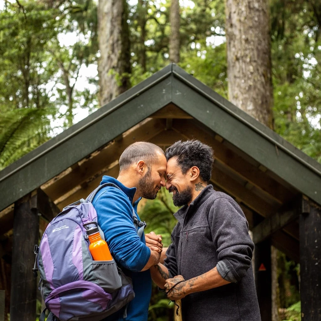 Twee mannen voeren een traditionele Māori-groet uit in een bosrijke omgeving.
