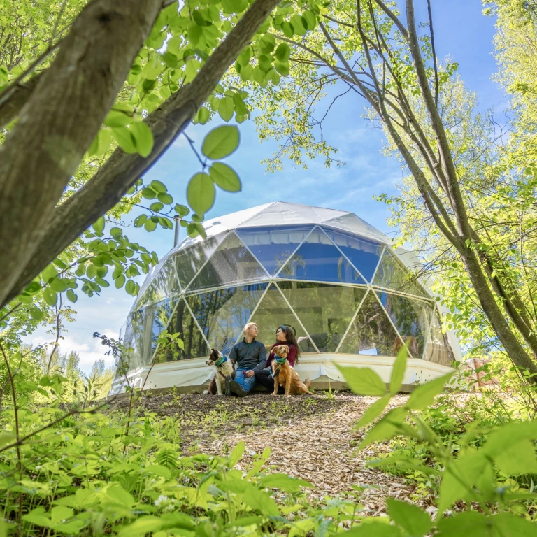 Twee mensen zitten voor een glamping-tent in het bos.