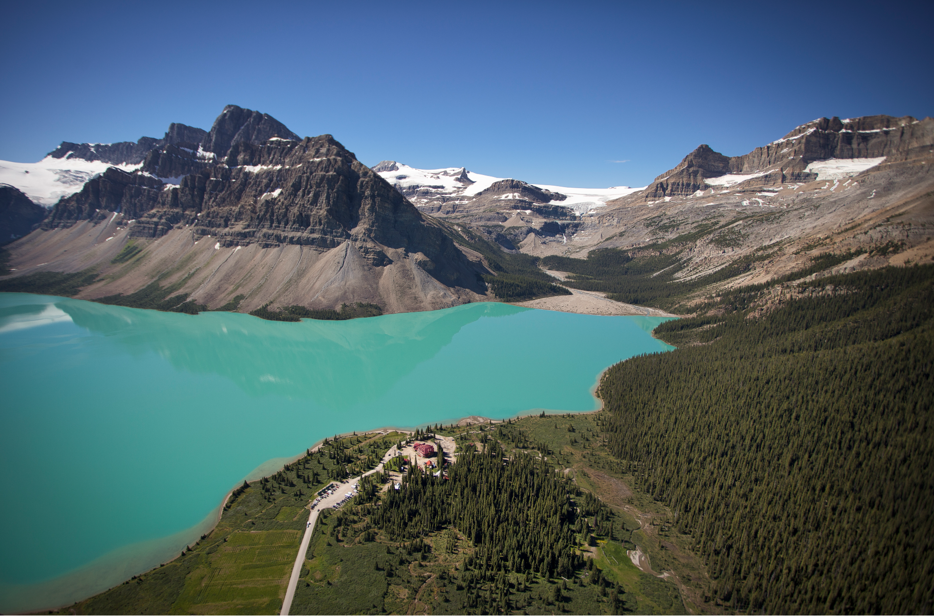 ca_couples_above banff national park aerial bow lake lodge summer