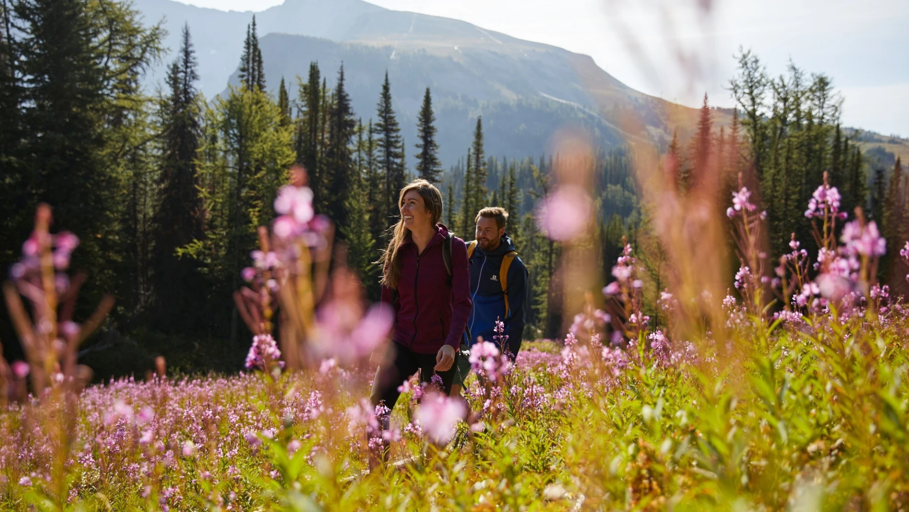 Een koppel wandelt door een weide met een berg op de achtergrond in Canada