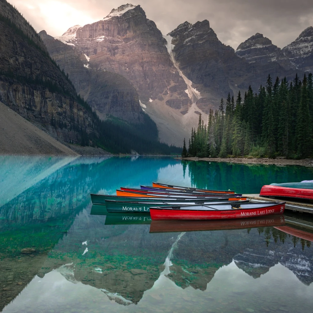 Kano’s liggen aangemeerd bij een steiger aan het Moraine Lake in Jasper National Park, Canada, waar de omliggende bergen in het water weerspiegelen