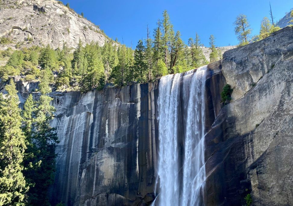 Vernal Fall stort neer over een steile granieten klif in Yosemite National Park, omringd door hoge dennenbomen en helder berglicht.
