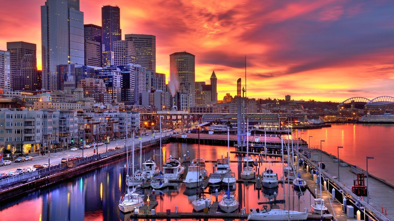 US Washington State Seattle city skyline at night