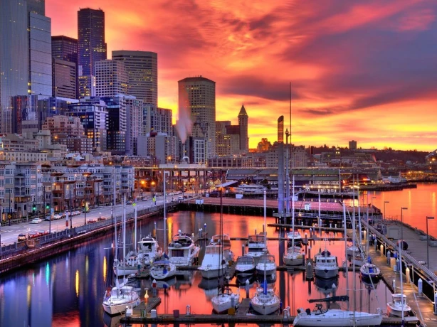 US Washington State Seattle city skyline at night