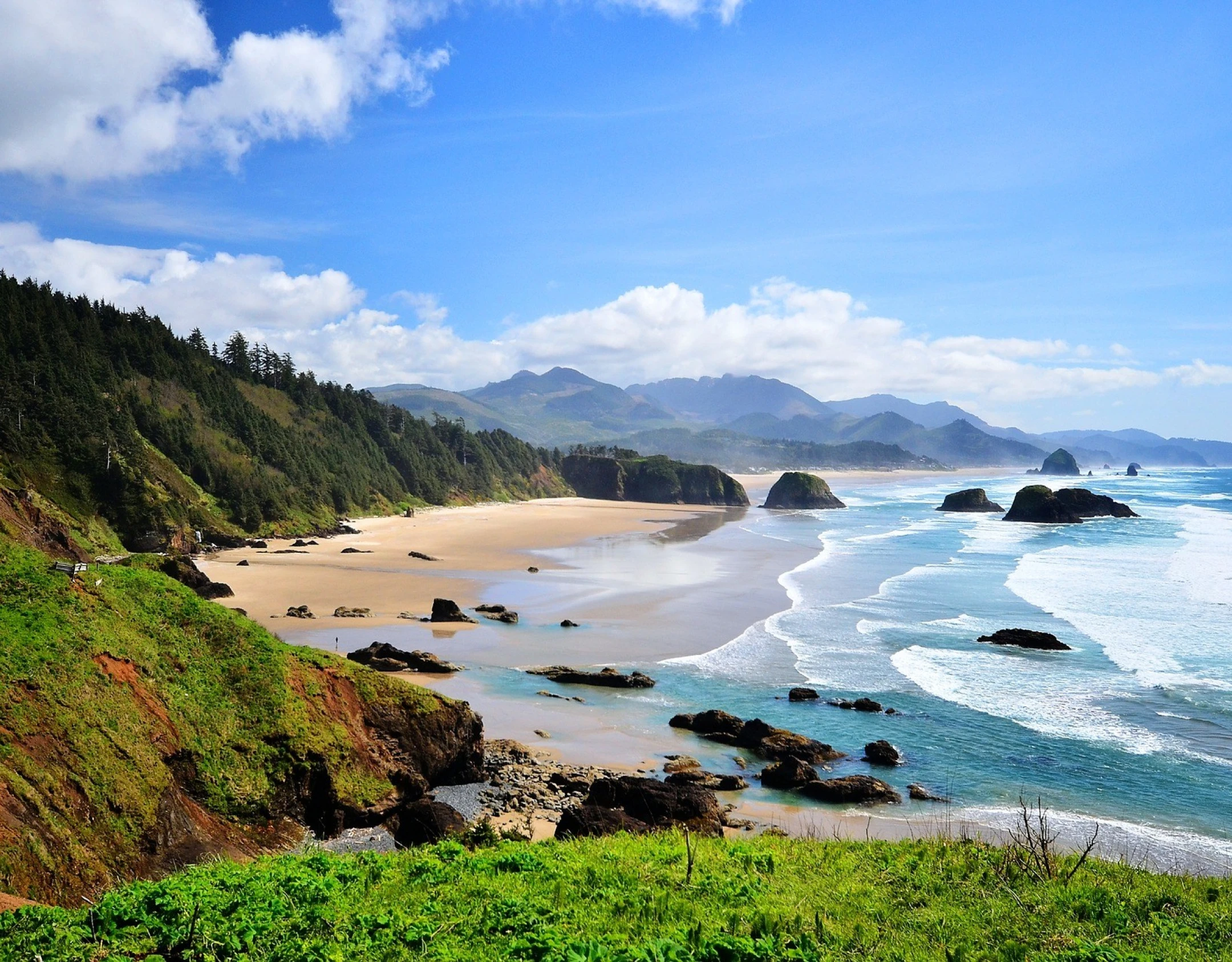 Een weids uitzicht op de ruige kustlijn van de Verenigde Staten, met zandstranden, rotsachtige zeebergen en beboste heuvels onder een helderblauwe hemel.