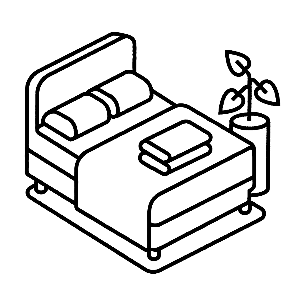 Een illustratie van een potplant naast een tweepersoonsbed