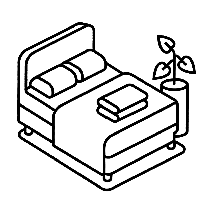 Een illustratie van een potplant naast een tweepersoonsbed