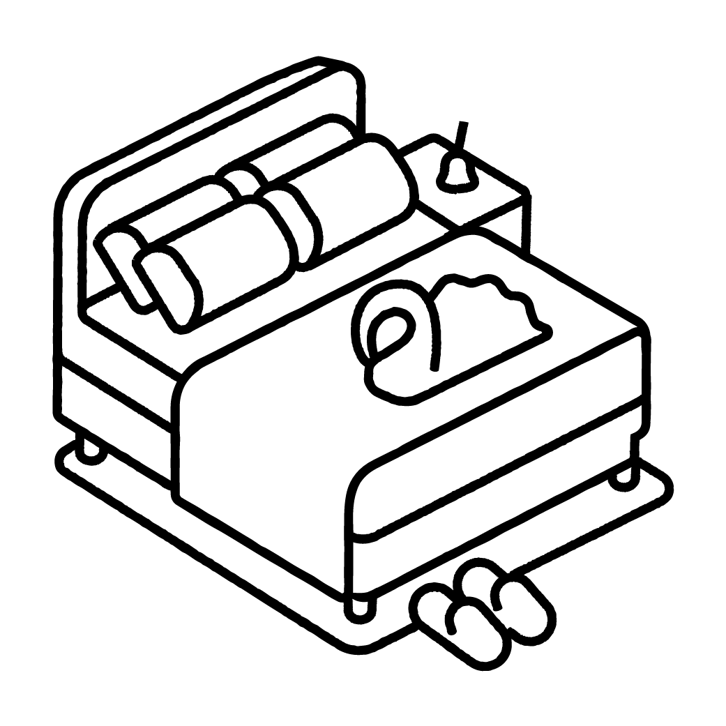 Een illustratie van een tweepersoonsbed versierd met een zwanenhanddoek en een nachtkastje met een bel