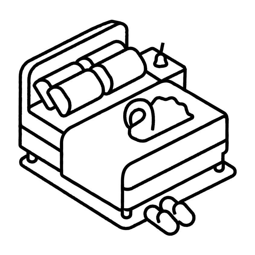 Een illustratie van een tweepersoonsbed versierd met een zwanenhanddoek en een nachtkastje met een bel