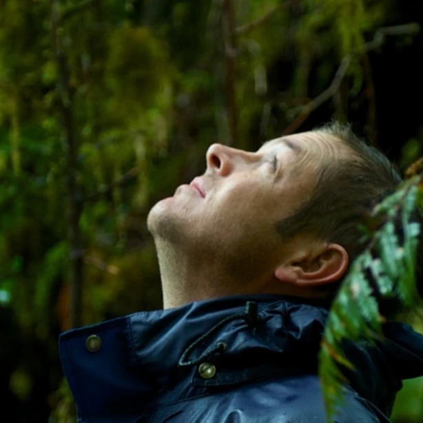 Andrew Morten kijkt omhoog, omringd door bomen