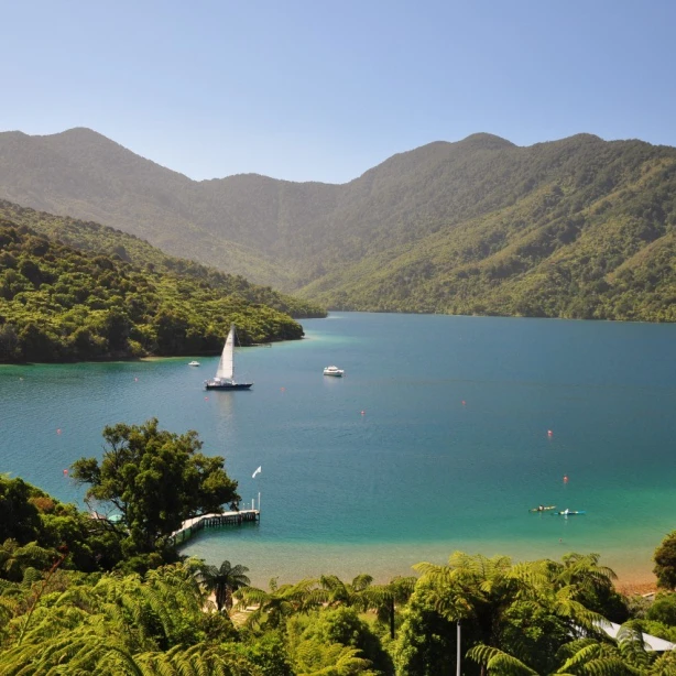 Boten en kajaks op het water omringd door bergen in de Marlborough-klanken in Nieuw-Zeeland