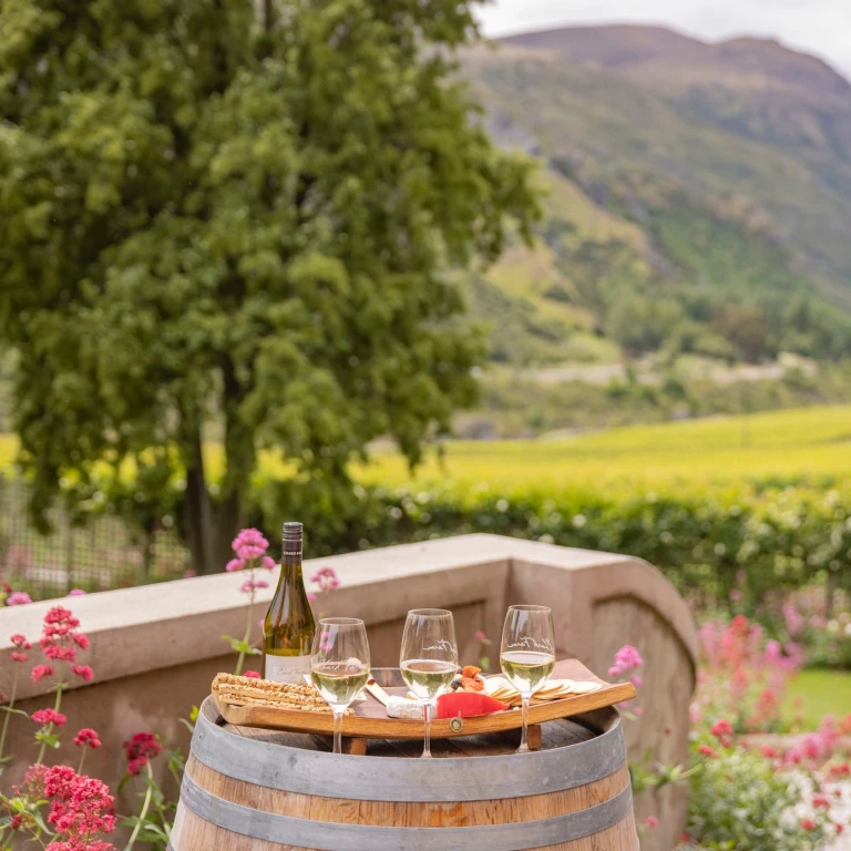 Wijnglazen en vleeswaren op een wijnvat met daarachter groene velden en heuvels